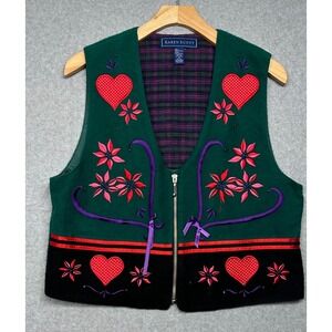 Karen Scott Green Embroidered Hearts & Flowers Vest Women's Size M